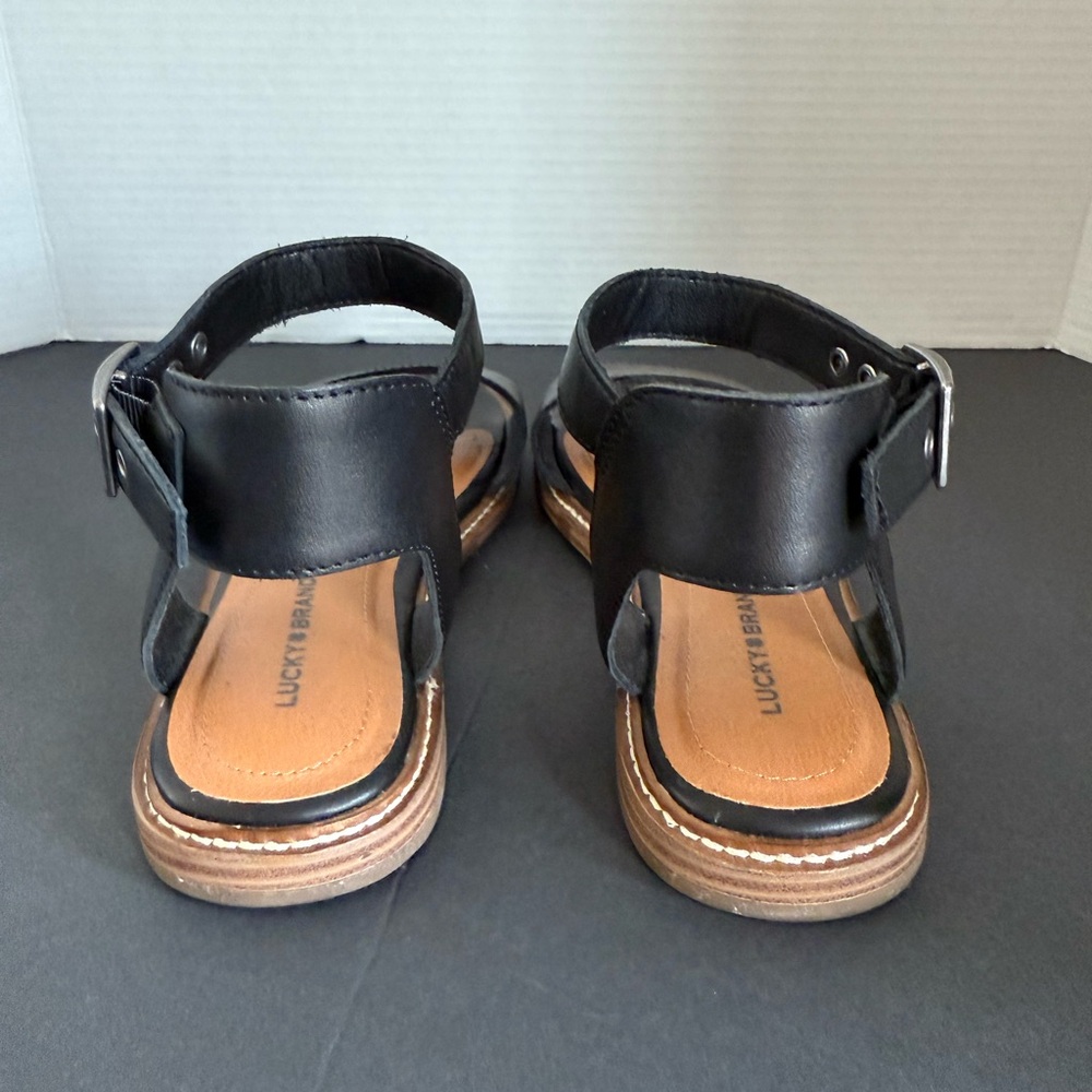 LUCKY BRAND Kimaya Black Leather Ankle-Strap Comfort Flat Open Toe Sandals 7.5 M - Picture 5 of 12